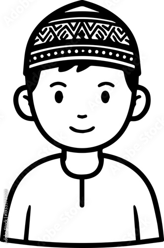 Smiling boy wearing traditional Muslim cap and kurta Black and white vector illustration
