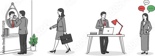 Business professional daily routine from morning preparation and commuting to focused desk work and communication flat vector illustration