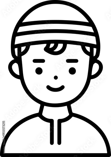 Smiling boy wearing traditional Muslim cap and kurta Black and white vector illustration
