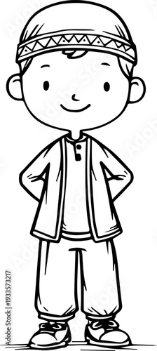 Smiling boy wearing traditional Muslim cap and kurta Black and white vector illustration
