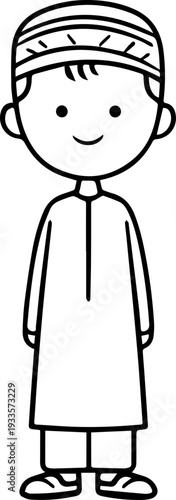 Smiling boy wearing traditional Muslim cap and kurta Black and white vector illustration
