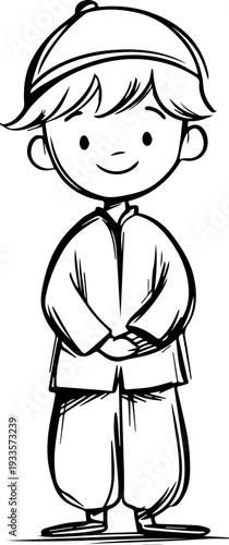 Smiling boy wearing traditional Muslim cap and kurta Black and white vector illustration
