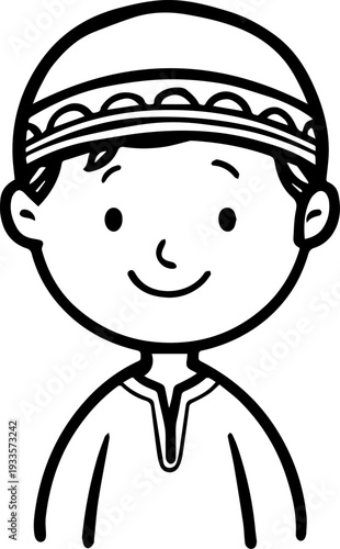 Smiling boy wearing traditional Muslim cap and kurta Black and white vector illustration
