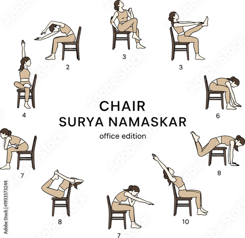 Flat vector illustration of a woman performing chair yoga surya namaskar sun salutation sequence for office wellness ergonomics