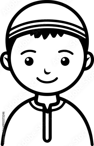 Smiling boy wearing traditional Muslim cap and kurta Black and white vector illustration
