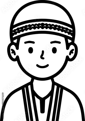 Smiling boy wearing traditional Muslim cap and kurta Black and white vector illustration
