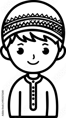 Smiling boy wearing traditional Muslim cap and kurta Black and white vector illustration
