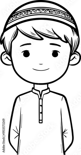 Smiling boy wearing traditional Muslim cap and kurta Black and white vector illustration
