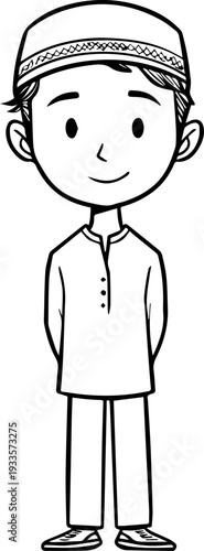 Smiling boy wearing traditional Muslim cap and kurta Black and white vector illustration
