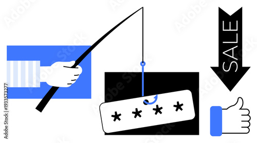 Phishing concept. Visual elements highlight phishing, password theft, and deceptive online tactics. Phishing prevention for cybersecurity, online shopping security, and digital education