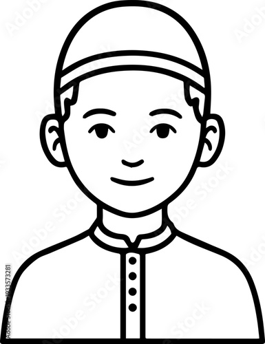 Smiling boy wearing traditional Muslim cap and kurta Black and white vector illustration
