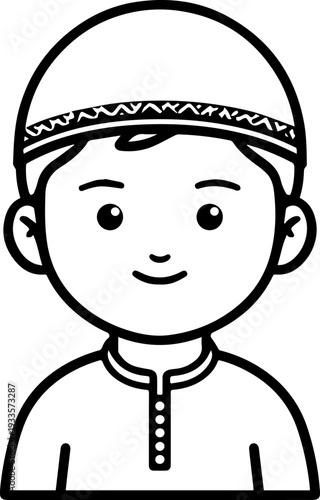 Smiling boy wearing traditional Muslim cap and kurta Black and white vector illustration
