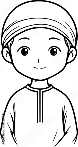 Smiling boy wearing traditional Muslim cap and kurta Black and white vector illustration
