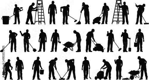 Silhouettes of workers performing manual labor tasks, construction, maintenance, landscaping, painting, sweeping, mowing, shoveling, wheelbarrow, ladder, tools, equipment, vector illustration
