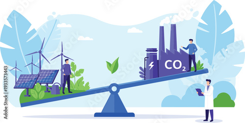 Scales balancing renewable solar and wind energy against factory carbon emissions for net zero and climate change sustainability flat vector illustration