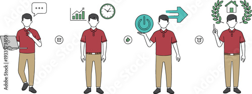 Male entrepreneur character progress from working on laptop to business growth and achieving home ownership goal flat vector illustration