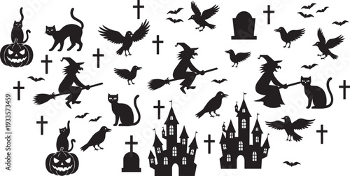 Eerie Halloween Silhouette Graphics Collection: Witches, Black Cats, Crows, Bats, Haunted Castles, Gravestones, Pumpkins, and Crosses for Spooky Designs.
