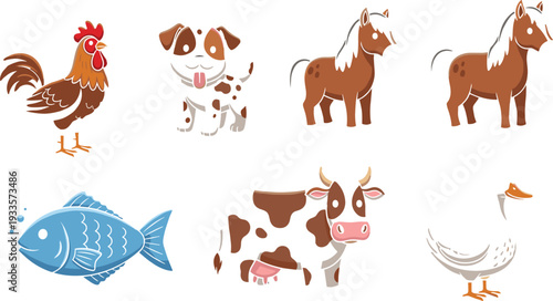 Set of Cute Cartoon Farm Animal Illustrations Featuring a Rooster, Spotted Dog, Brown Horses, Blue Fish, Cow, and White Goose