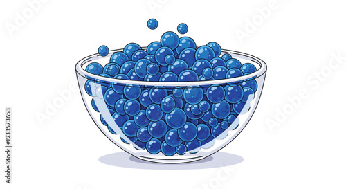A clear glass bowl is filled to the brim with numerous glossy blue spheres of various sizes, with some popping out.