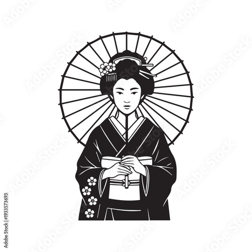 Black and white vector portrait of a traditional Japanese geisha in a kimono holding a paper umbrella
