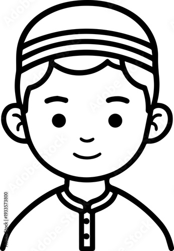 Smiling boy wearing traditional Muslim cap and kurta Black and white vector illustration
