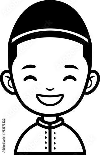 Smiling boy wearing traditional Muslim cap and kurta Black and white vector illustration
