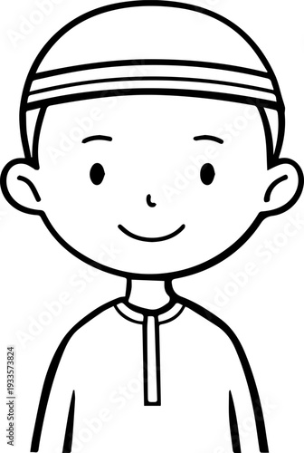 Smiling boy wearing traditional Muslim cap and kurta Black and white vector illustration
