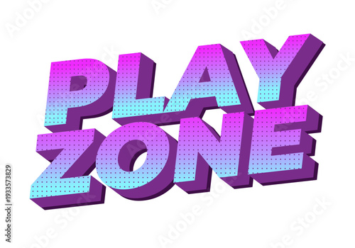Bold 3d play zone text in purple and cyan with dotted halftone gradient on white background