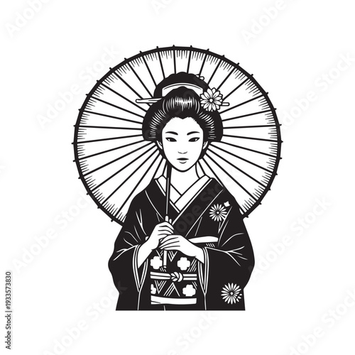 Black and white vector portrait of a traditional Japanese geisha in a kimono holding a paper umbrella
