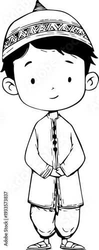 Smiling boy wearing traditional Muslim cap and kurta Black and white vector illustration
