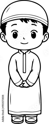 Smiling boy wearing traditional Muslim cap and kurta Black and white vector illustration
