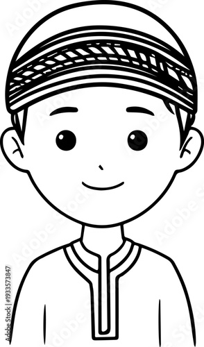 Smiling boy wearing traditional Muslim cap and kurta Black and white vector illustration
