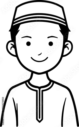 Smiling boy wearing traditional Muslim cap and kurta Black and white vector illustration
