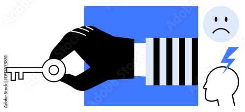 Access control. A hand holds a key against a blue background, access or control. A sad face and lightning bolt icon emotions and ideas. For business, security, decision-making, emotions, creativity