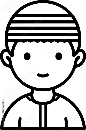 Smiling boy wearing traditional Muslim cap and kurta Black and white vector illustration
