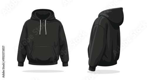 Two distinct views of a plain black hoodie are displayed, showing the front with a pocket and a side profile.