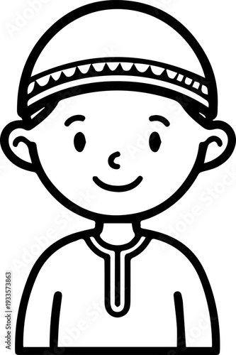 Smiling boy wearing traditional Muslim cap and kurta Black and white vector illustration
