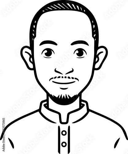 Smiling boy wearing traditional Muslim cap and kurta Black and white vector illustration
