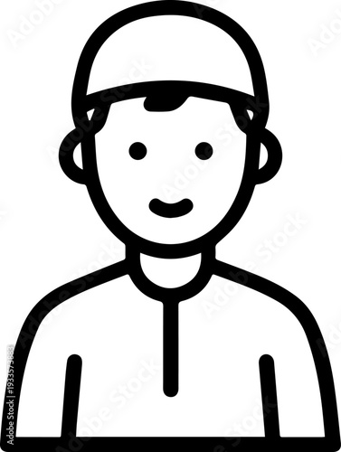 Smiling boy wearing traditional Muslim cap and kurta Black and white vector illustration

