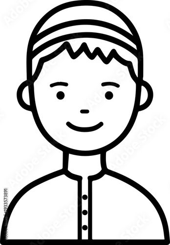 Smiling boy wearing traditional Muslim cap and kurta Black and white vector illustration
