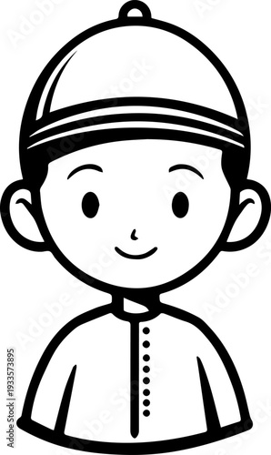 Smiling boy wearing traditional Muslim cap and kurta Black and white vector illustration

