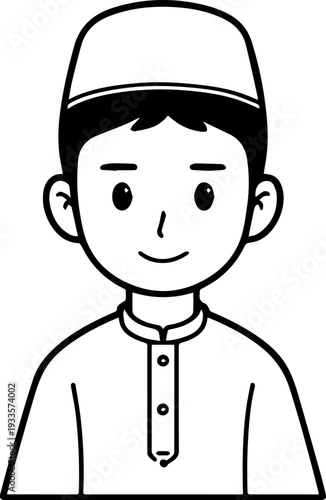 Smiling boy wearing traditional Muslim cap and kurta Black and white vector illustration
