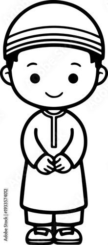 Smiling boy wearing traditional Muslim cap and kurta Black and white vector illustration
