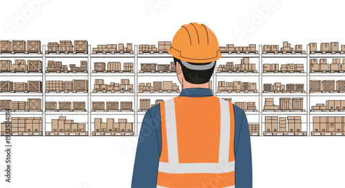 A male warehouse worker in an orange hard hat and vest stands with his back to the viewer, facing shelves of boxes.