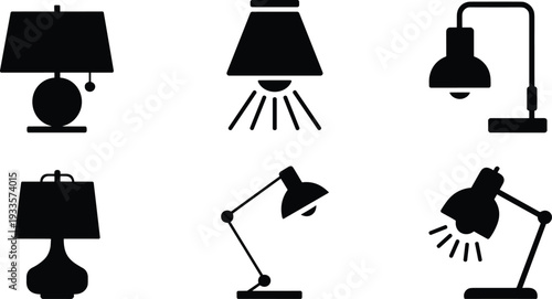 Lamp silhouette icon set, table desk lighting collection, modern home interior light fixtures, black vector illustration