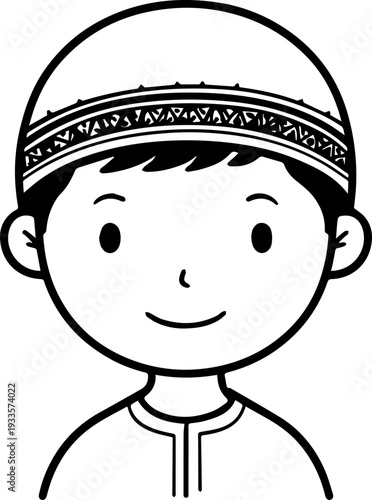 Smiling boy wearing traditional Muslim cap and kurta Black and white vector illustration
