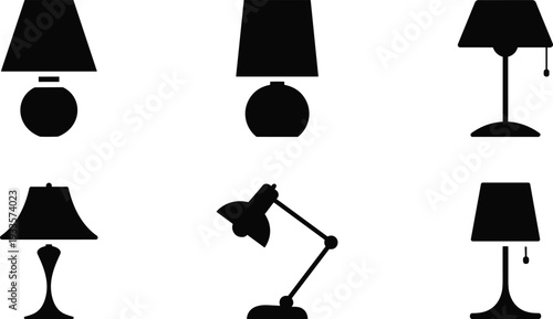 Table lamp silhouette collection, modern desk lighting icons, home interior light fixture set, black vector illustration
