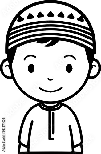 Smiling boy wearing traditional Muslim cap and kurta Black and white vector illustration
