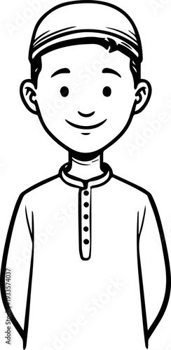 Smiling boy wearing traditional Muslim cap and kurta Black and white vector illustration
