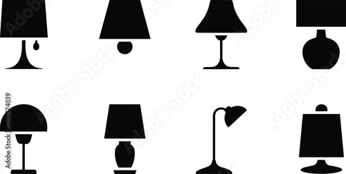 Table lamp silhouette set, classic and modern interior lighting collection, home decor light fixtures, black vector illustration